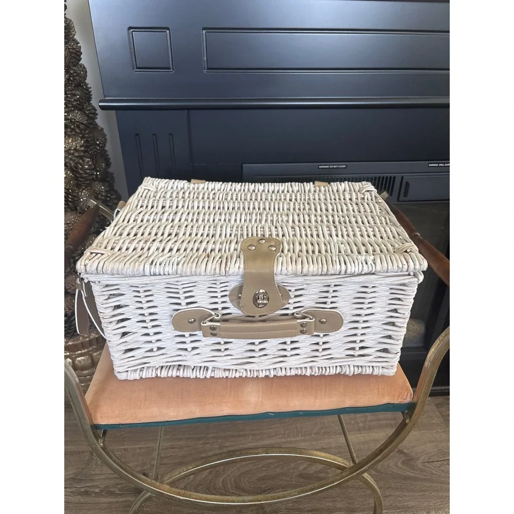 Vintage White Wicker Picnic Basket Set Insulated Cooler Red Gingham Lining